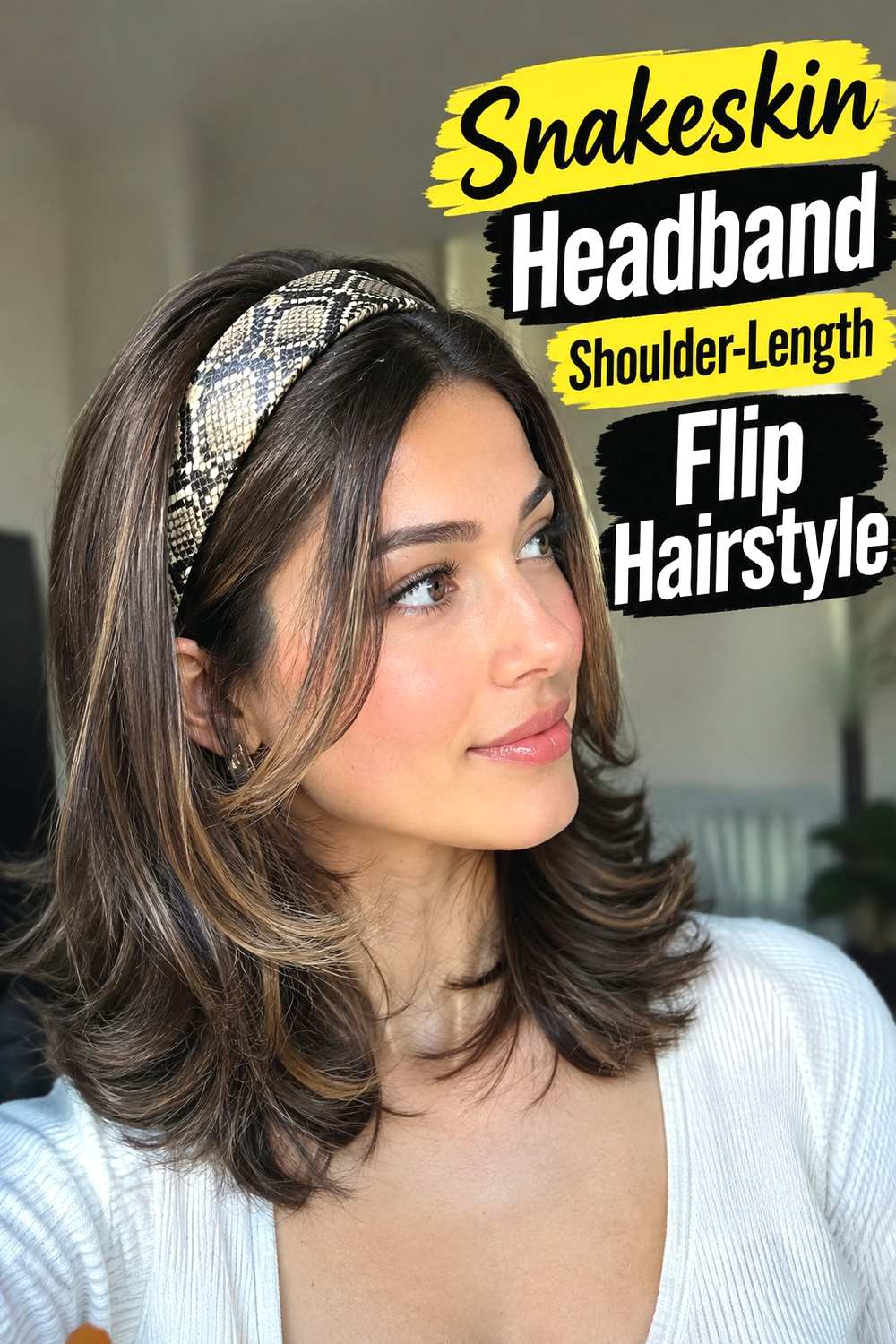 14. Snakeskin Headband Shoulder Length Flip Hairstyle