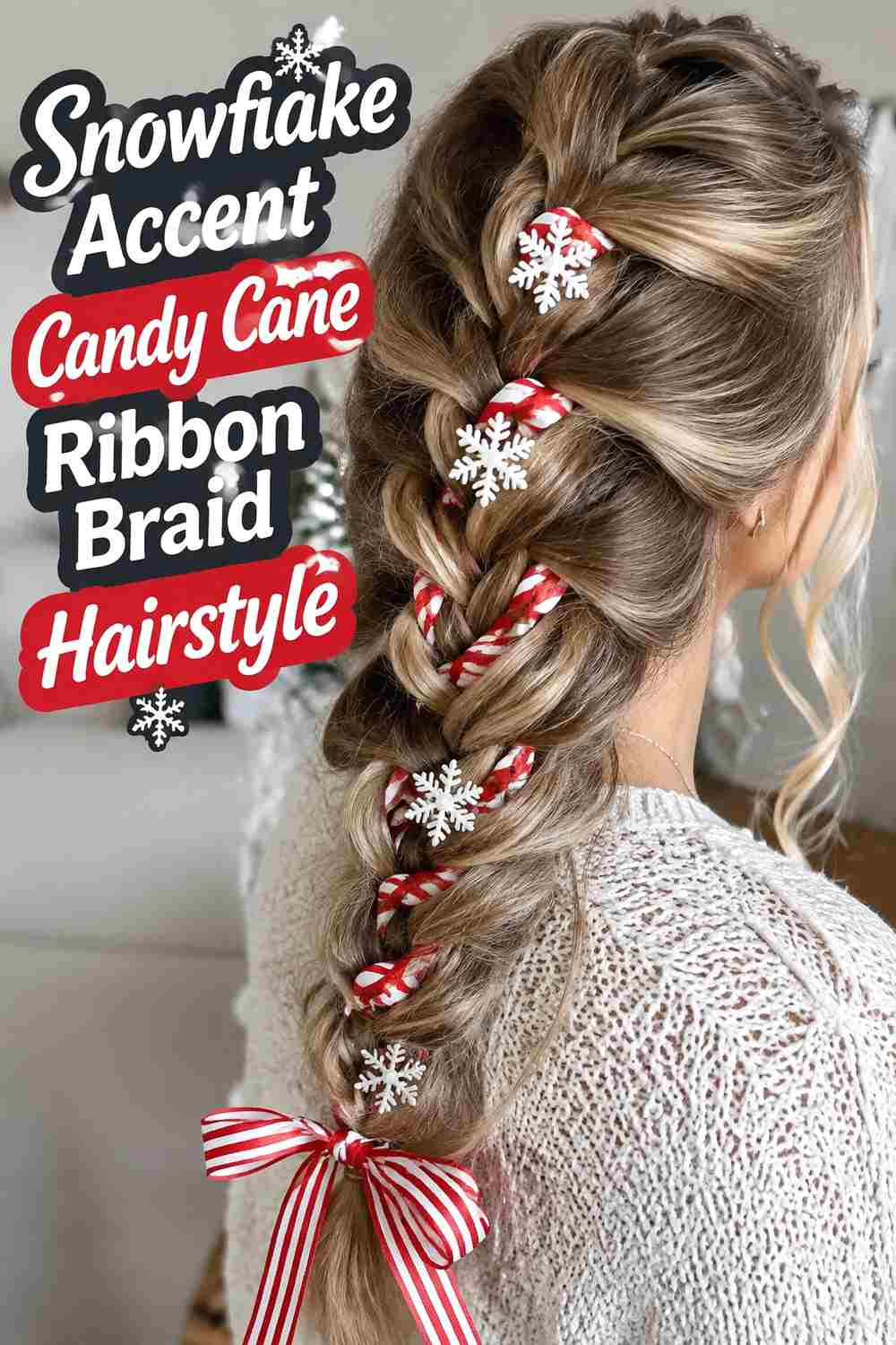 14. Snowflake Accent Candy Cane Ribbon Braid Hairstyle