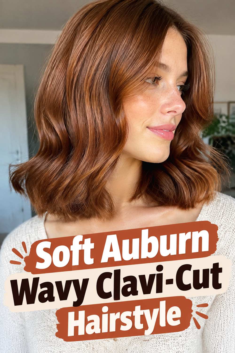 Soft Auburn Wavy Clavi-Cut Hairstyle