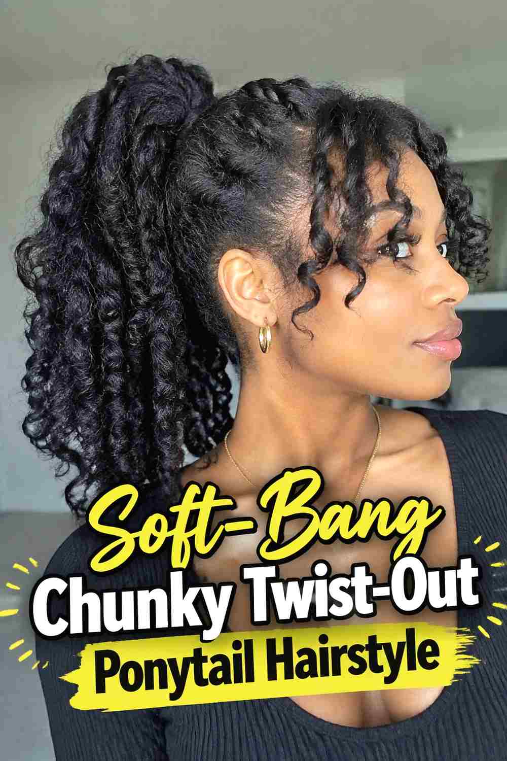 18. Soft Bang Chunky Twist Out Ponytail Hairstyle