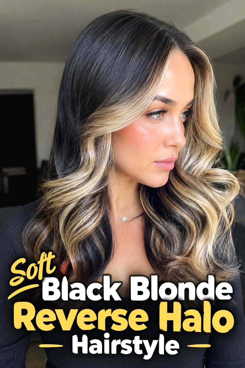 13. Soft Black Blonde Reverse Halo Hairstyle