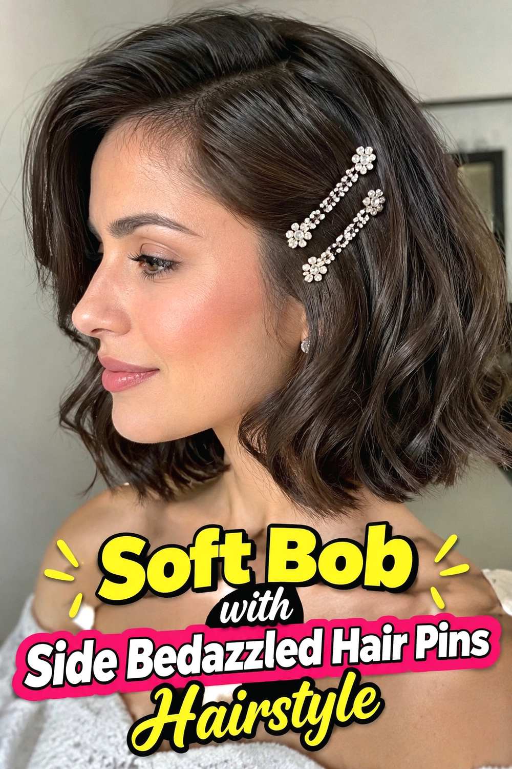 13. Soft Bob With Side Bedazzled Hair Pins Hairstyle