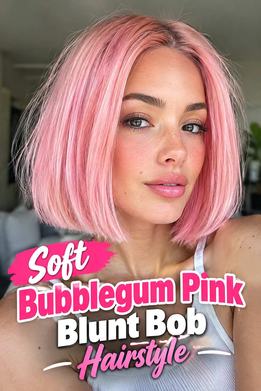 Soft Bubblegum Pink Blunt Bob Hairstyle