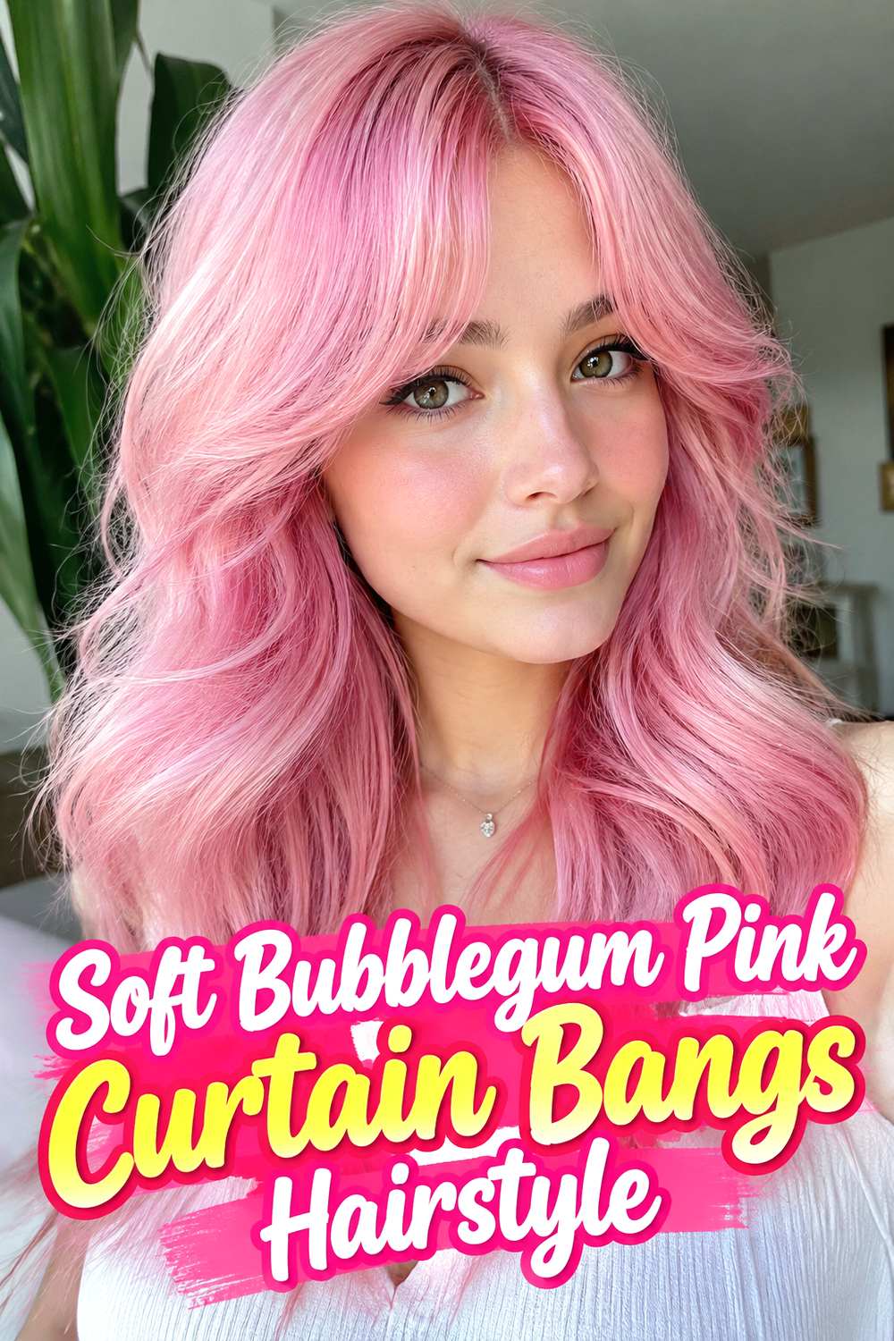 Soft Bubblegum Pink Curtain Bangs Hairstyle