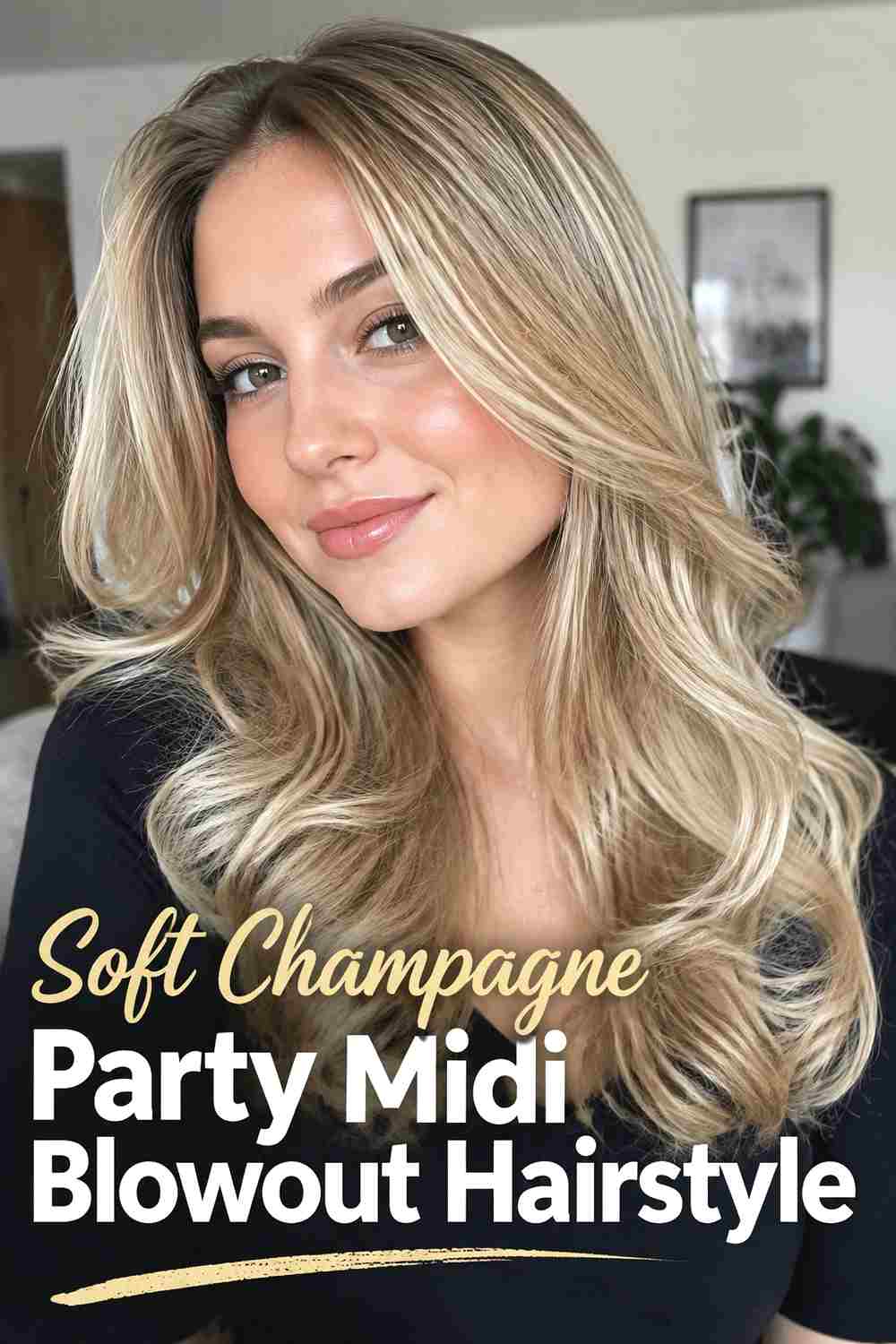 8. Soft Champagne Party Midi Blowout Hairstyle