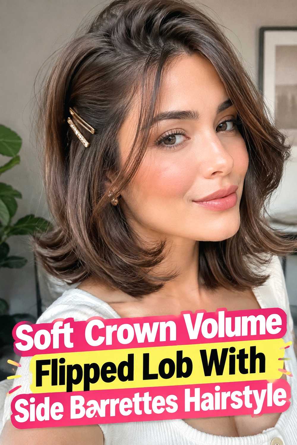 8. Soft Crown Volume Flipped Lob With Side Barrettes Hairstyle