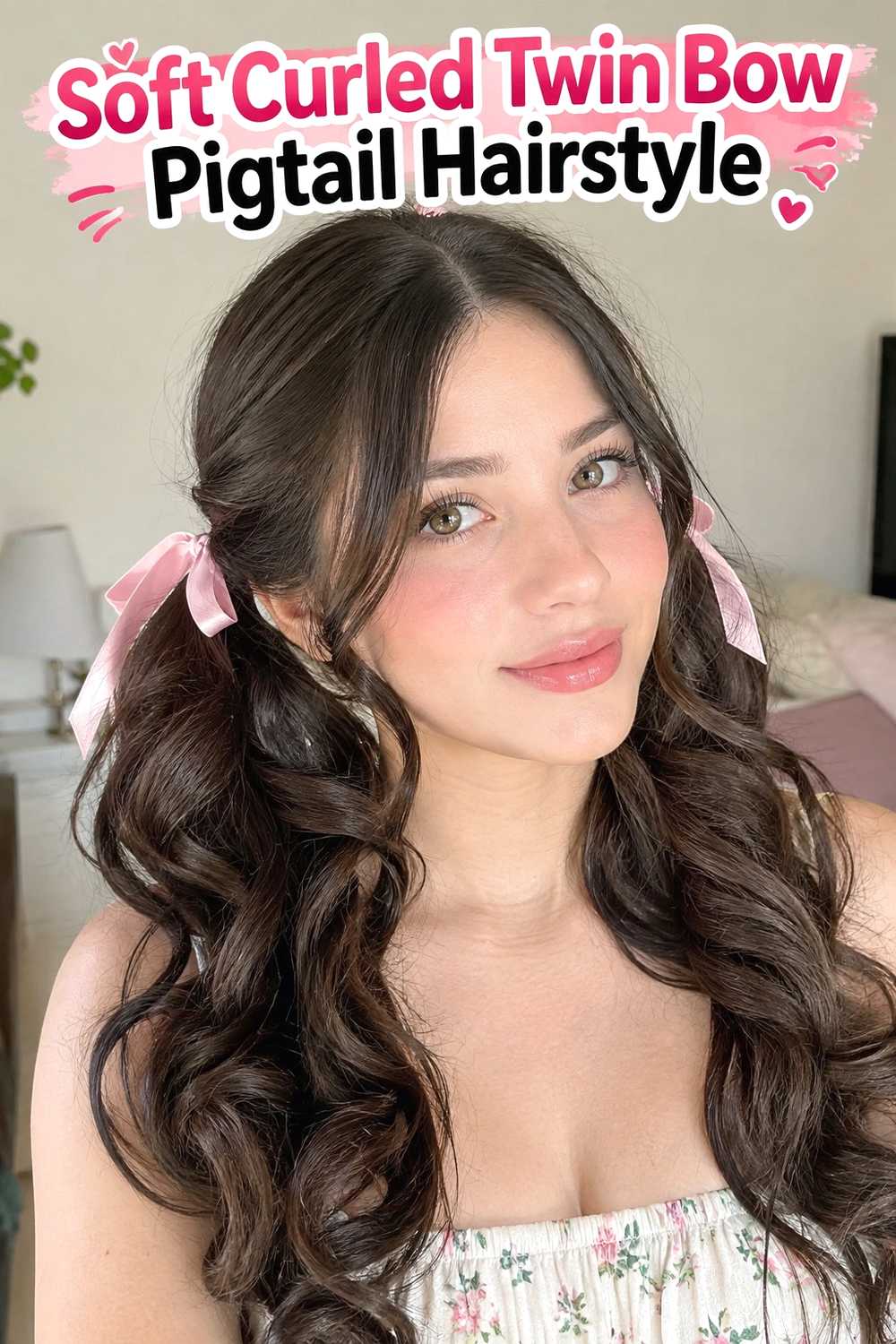 3. Soft Curled Twin Bow Pigtail Hairstyle