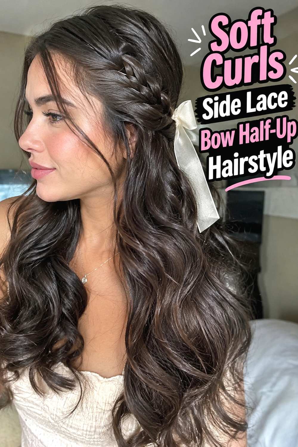 16. Soft Curls Side Lace Bow Half Up Hairstyle