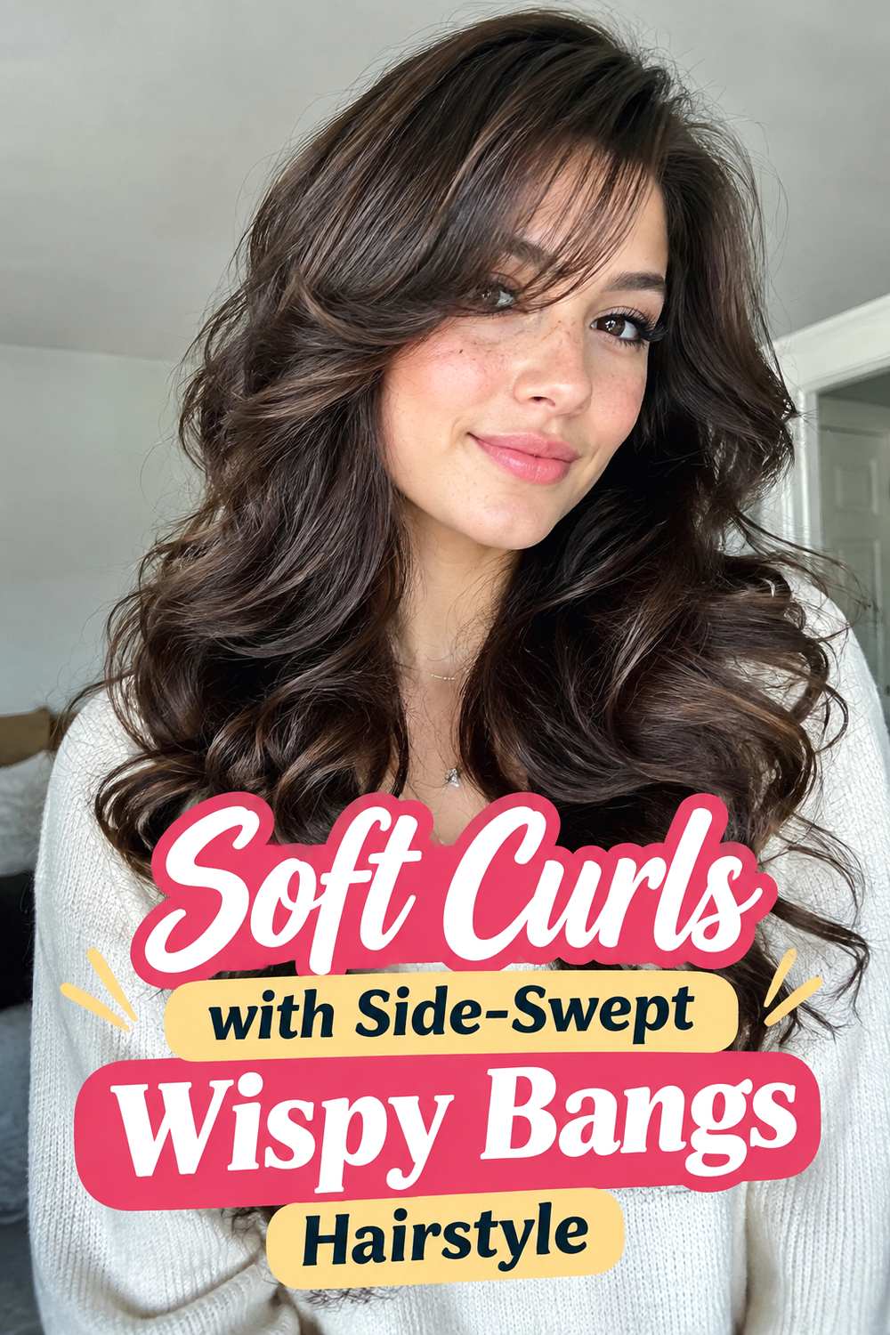 8. Soft Curls With Side Swept Wispy Bangs Hairstyle