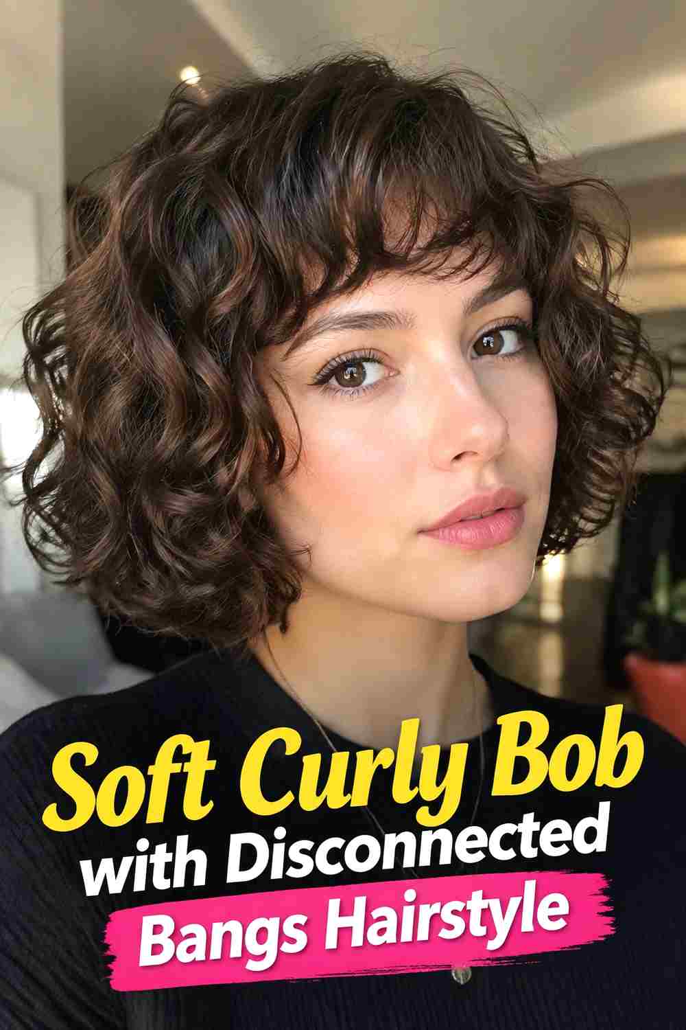 1. Soft Curly Bob With Disconnected Bangs Hairstyle