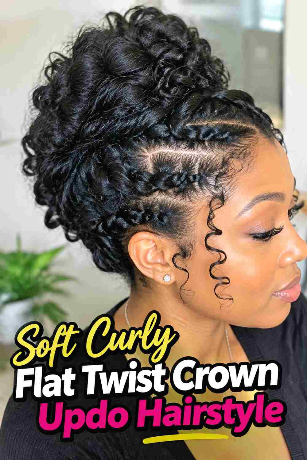 9. Soft Curly Flat Twist Crown Updo Hairstyle