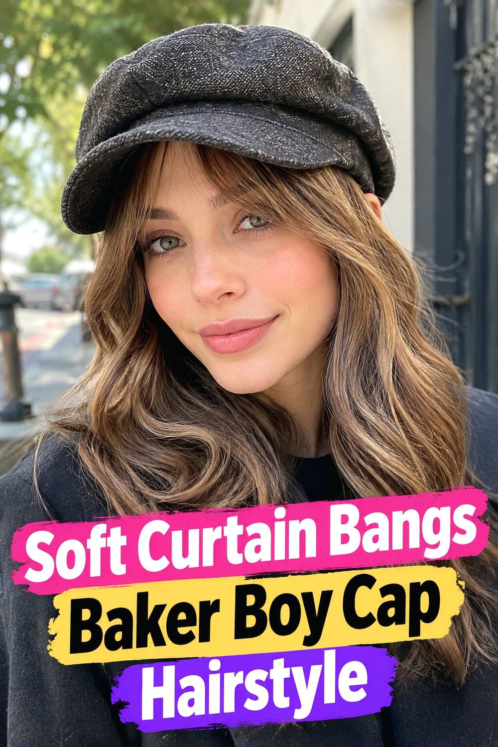 3. Soft Curtain Bangs Baker Boy Cap Hairstyle