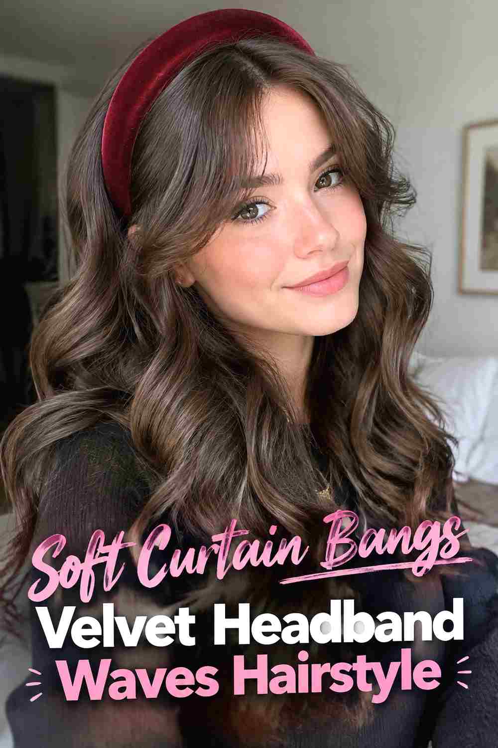 12. Soft Curtain Bangs Velvet Headband Waves Hairstyle