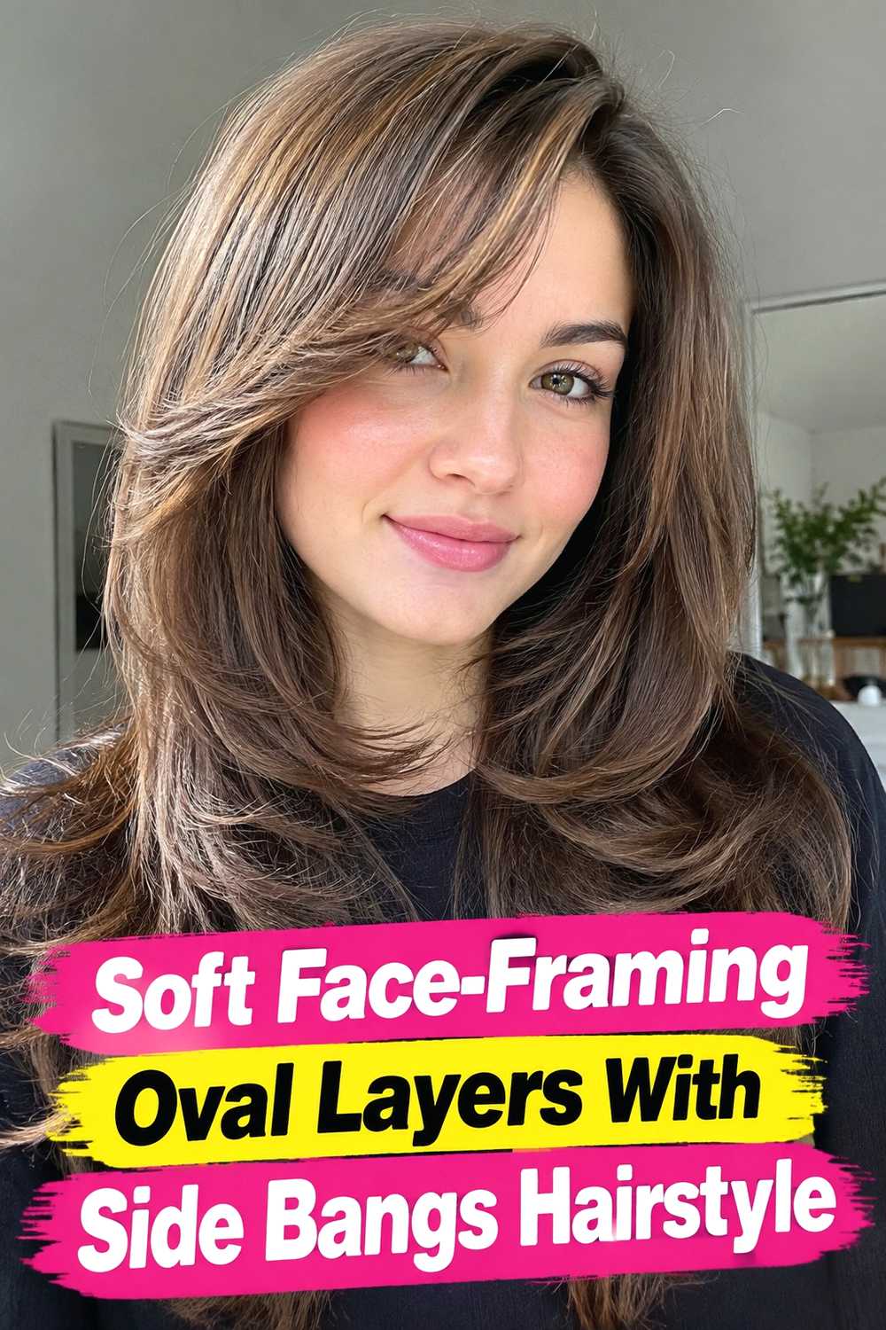 4. Soft Face Framing Oval Layers With Side Bangs Hairstyle