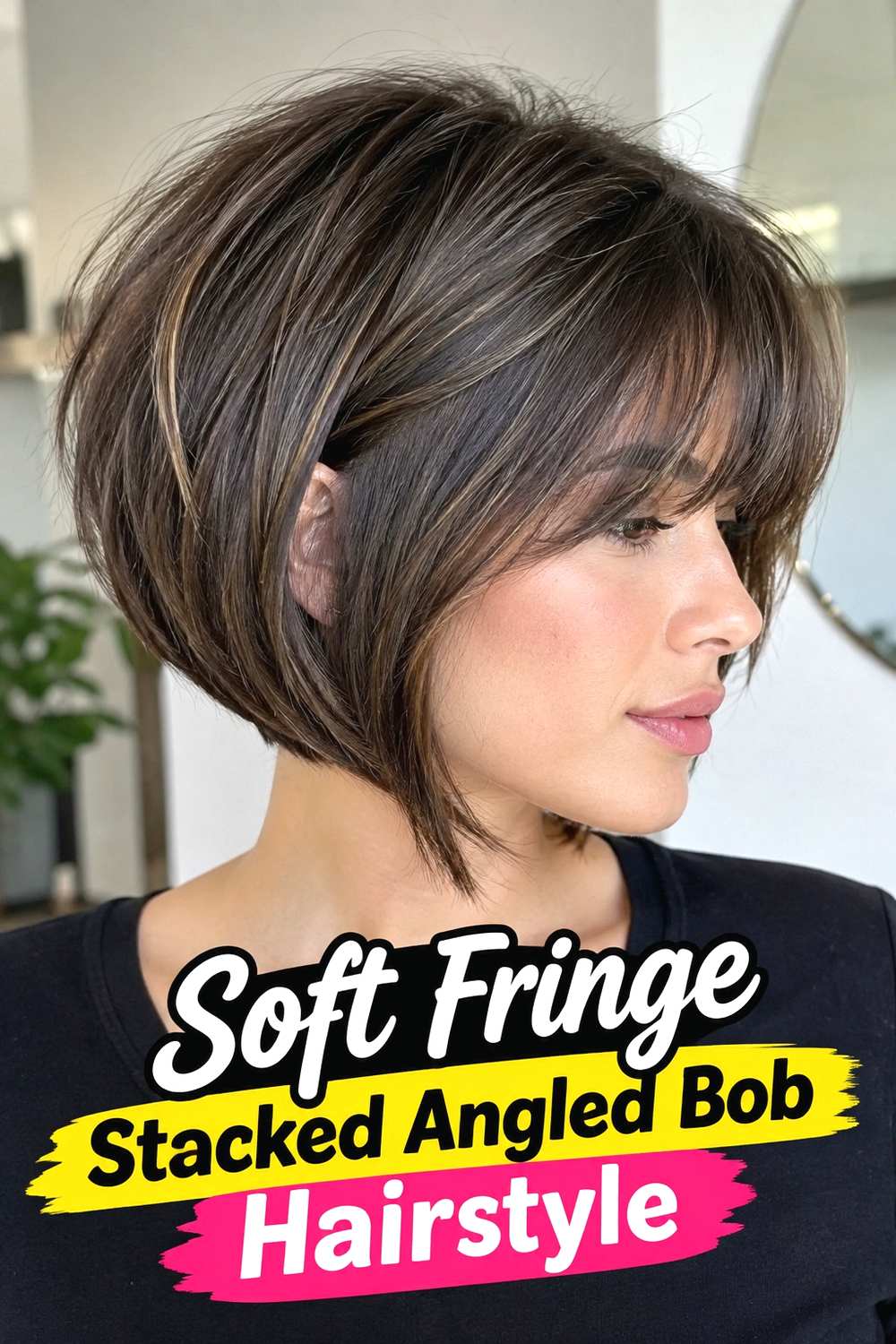 14. Soft Fringe Stacked Angled Bob Hairstyle