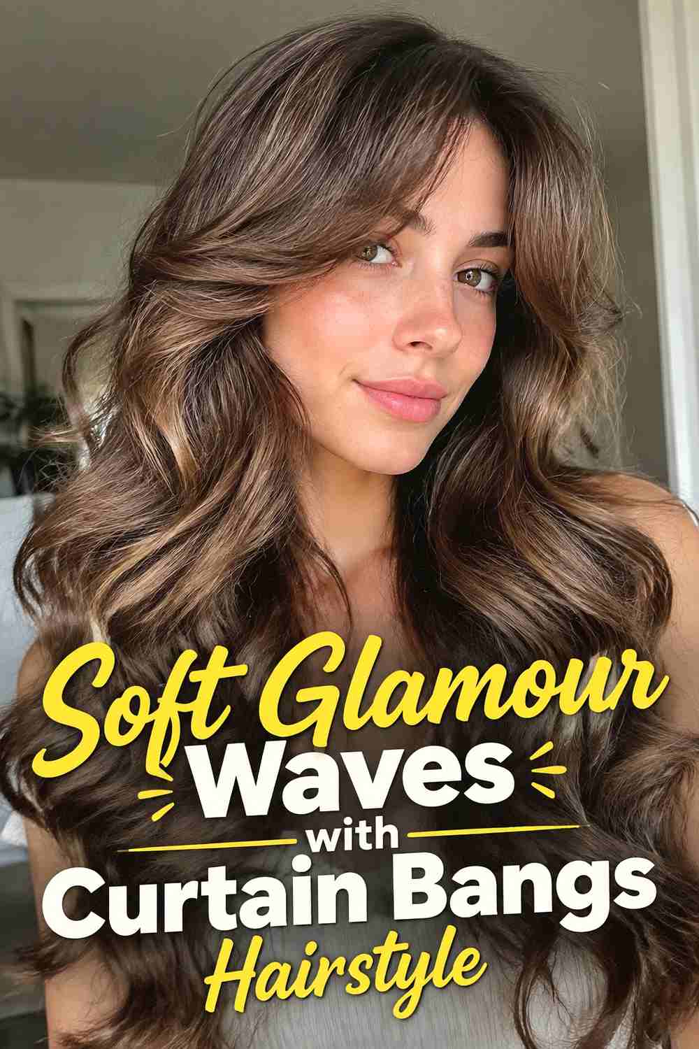 10. Soft Glamour Waves With Curtain Bangs Hairstyle