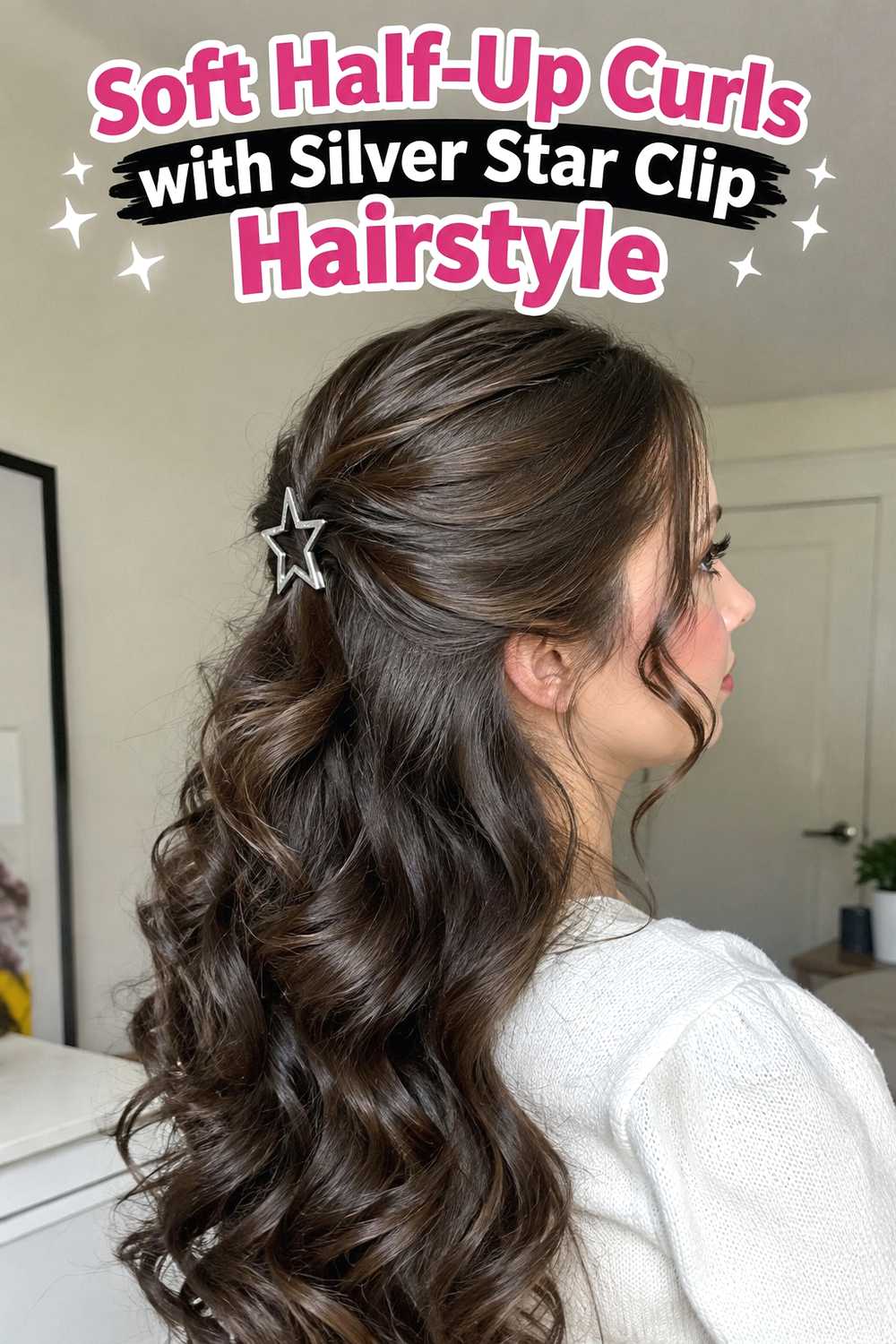 12. Soft Half Up Curls With Silver Star Clip Hairstyle