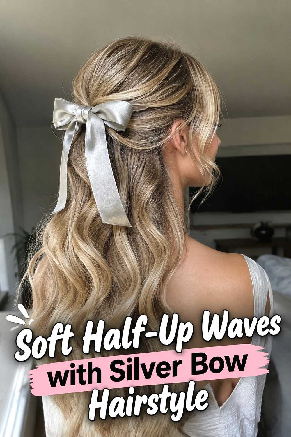 2. Soft Half Up Waves With Silver Bow Hairstyle