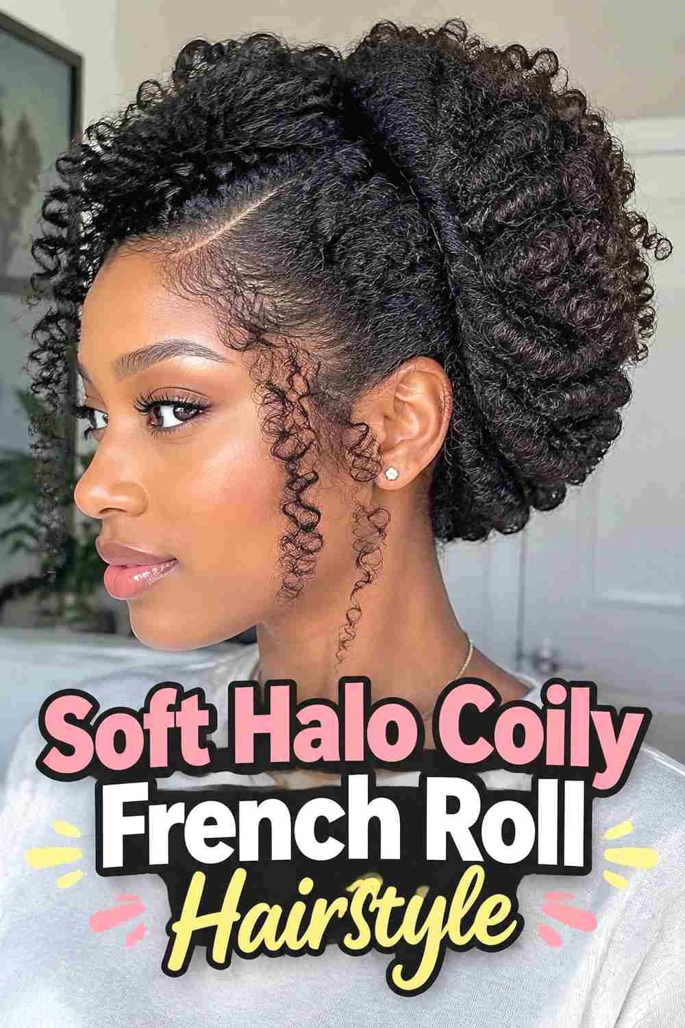 14. Soft Halo Coily French Roll Hairstyle