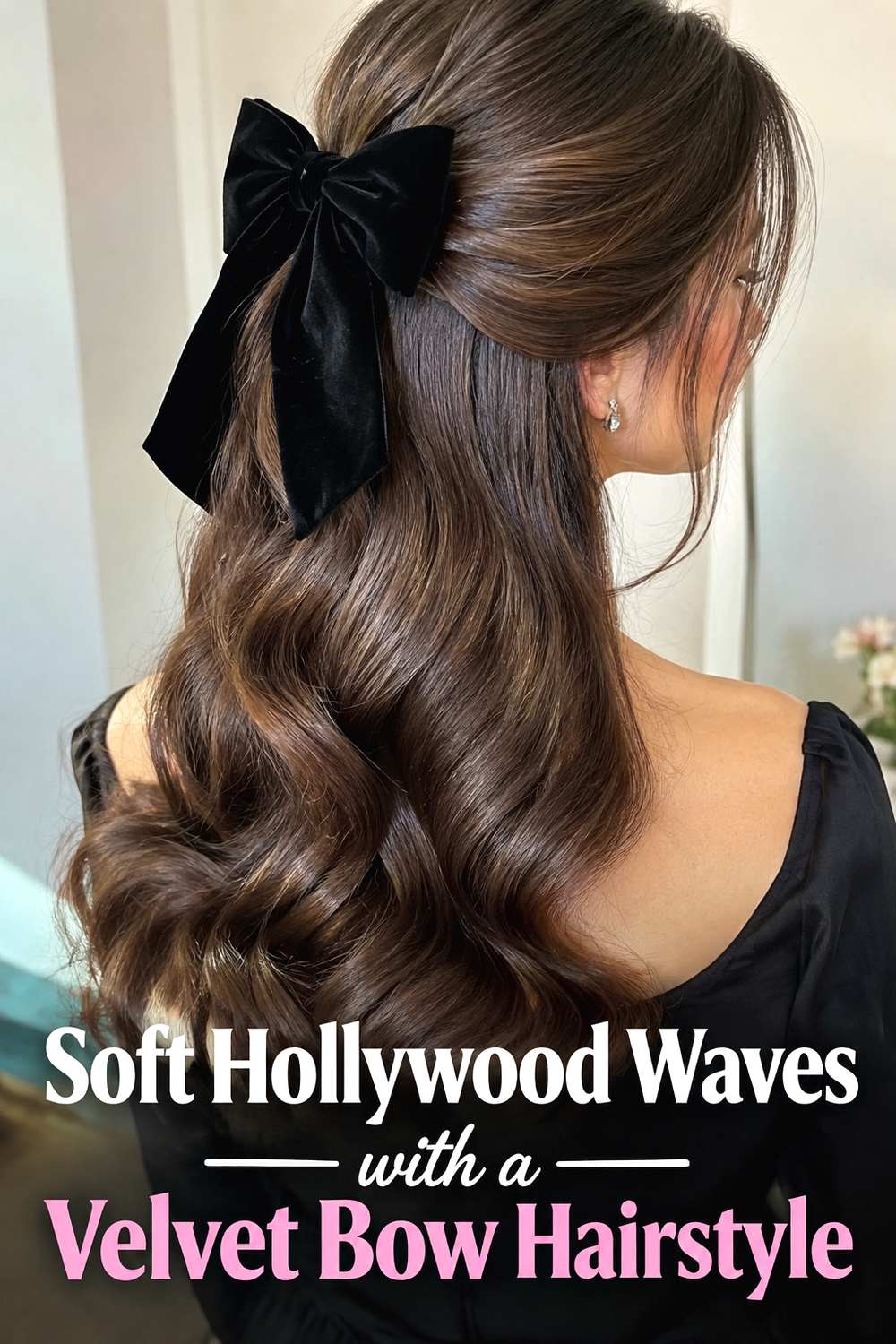 Soft Hollywood Waves with a Velvet Bow Hairstyle