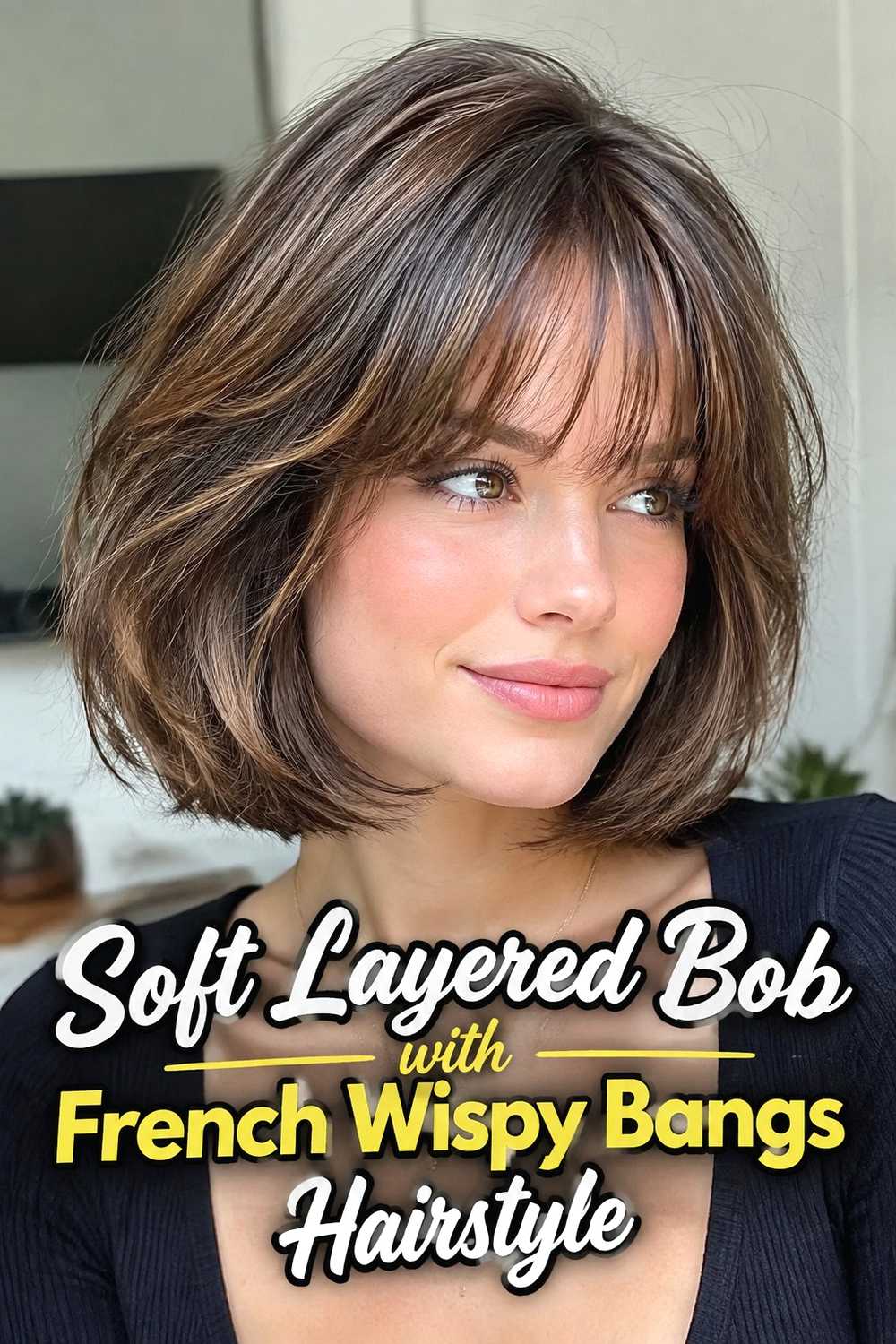 6. Soft Layered Bob With French Wispy Bangs Hairstyle