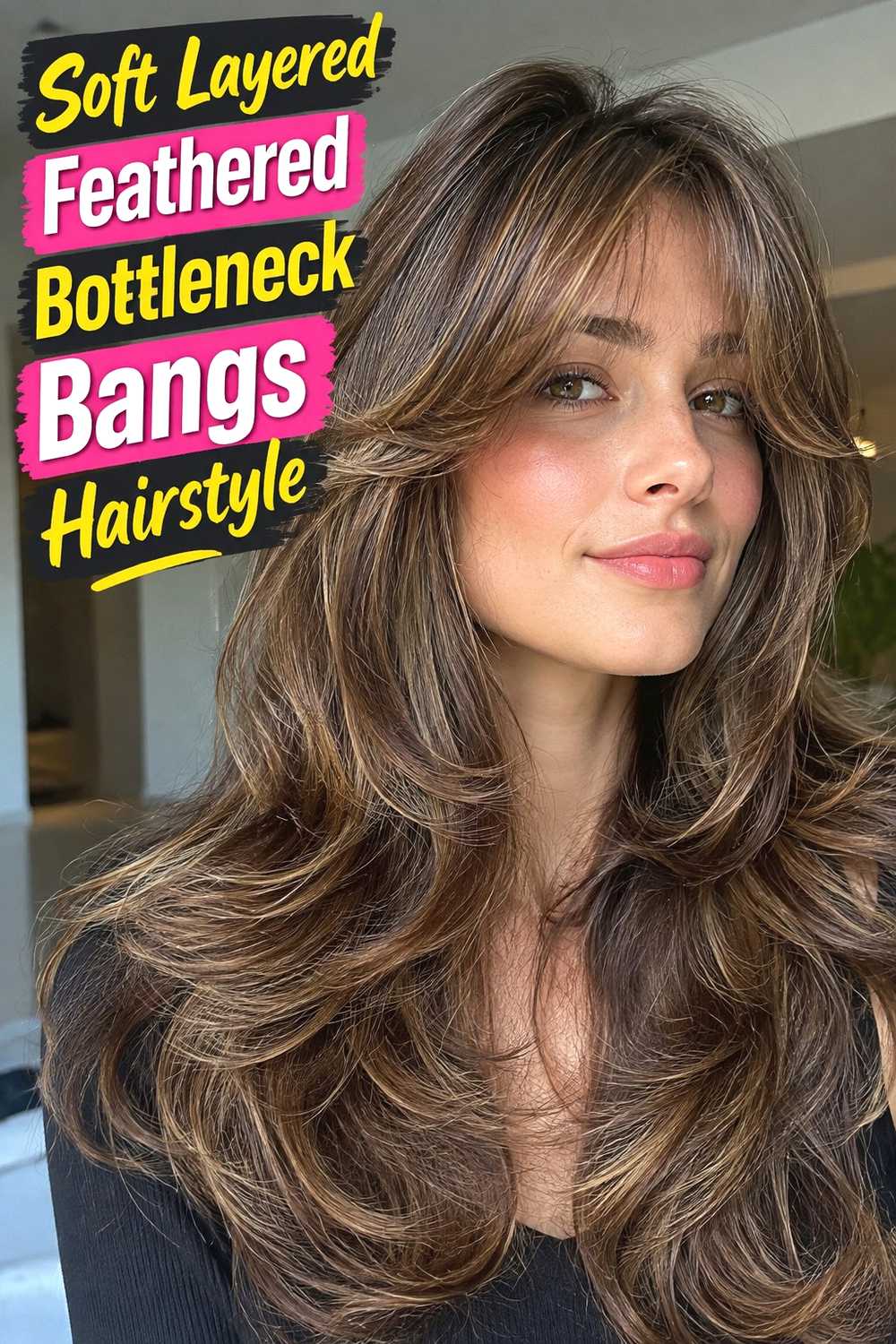 1. Soft Layered Feathered Bottleneck Bangs Hairstyle