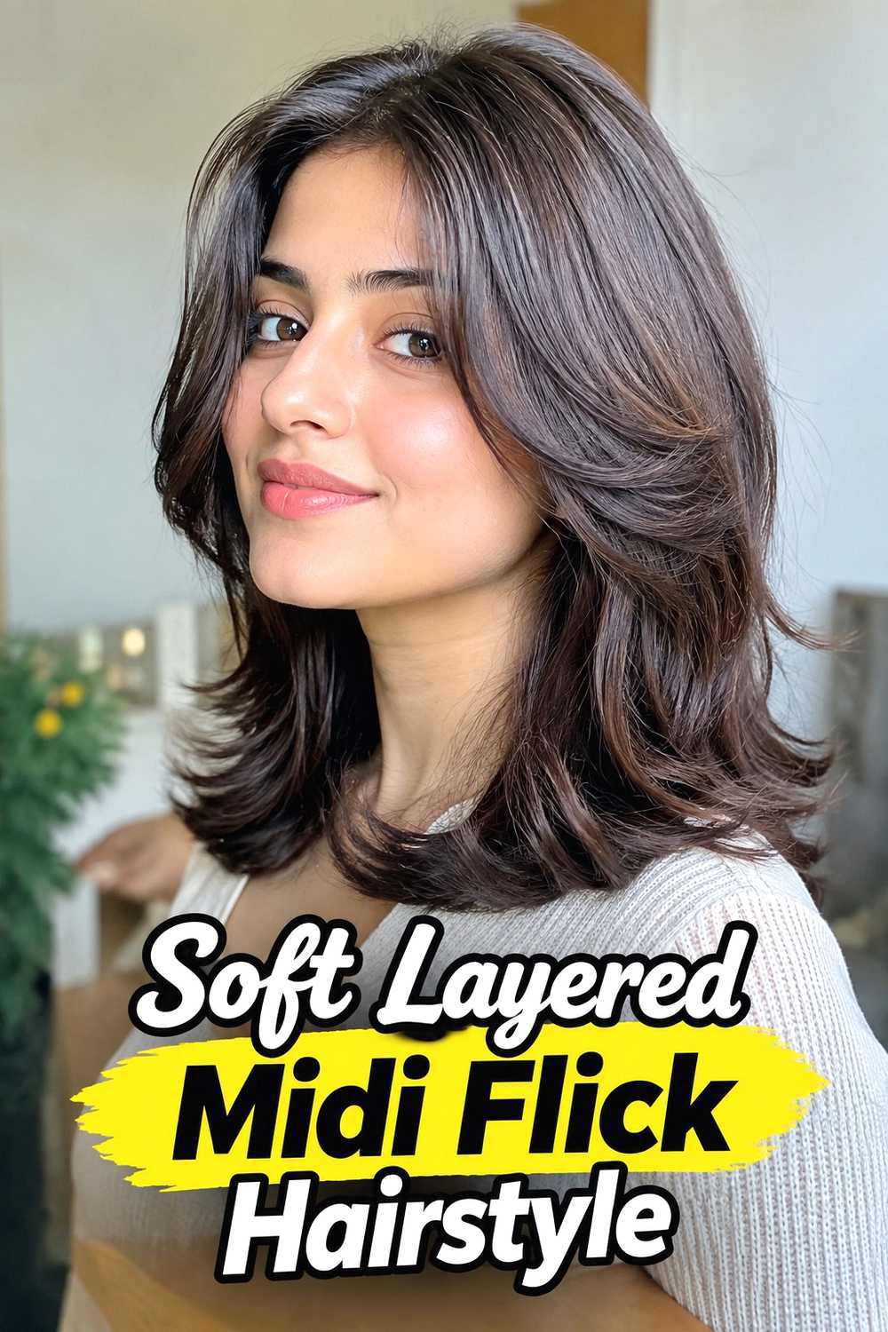 2. Soft Layered Midi Flick Hairstyle