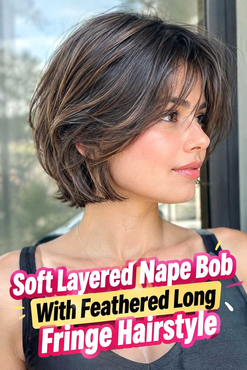 6. Soft Layered Nape Bob With Feathered Long Fringe Hairstyle