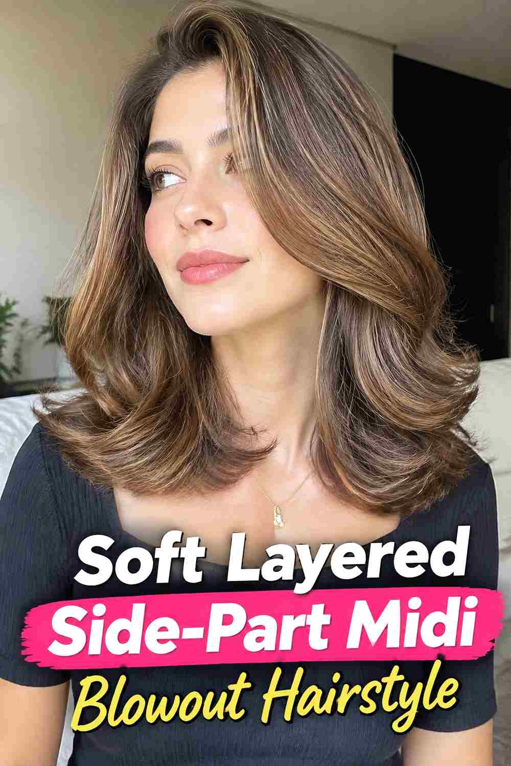 2. Soft Layered Side Part Midi Blowout Hairstyle