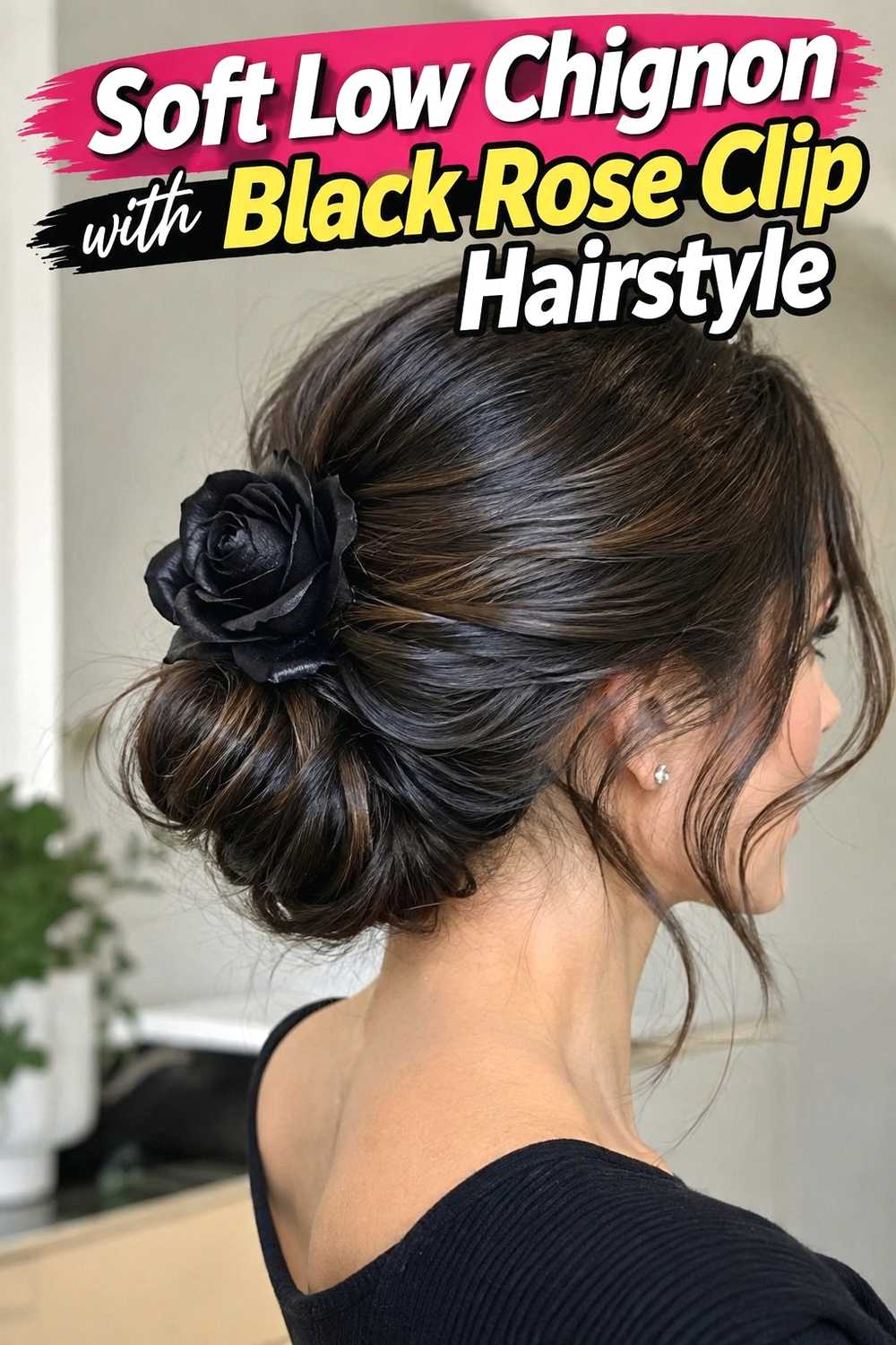 10. Soft Low Chignon With Black Rose Clip Hairstyle