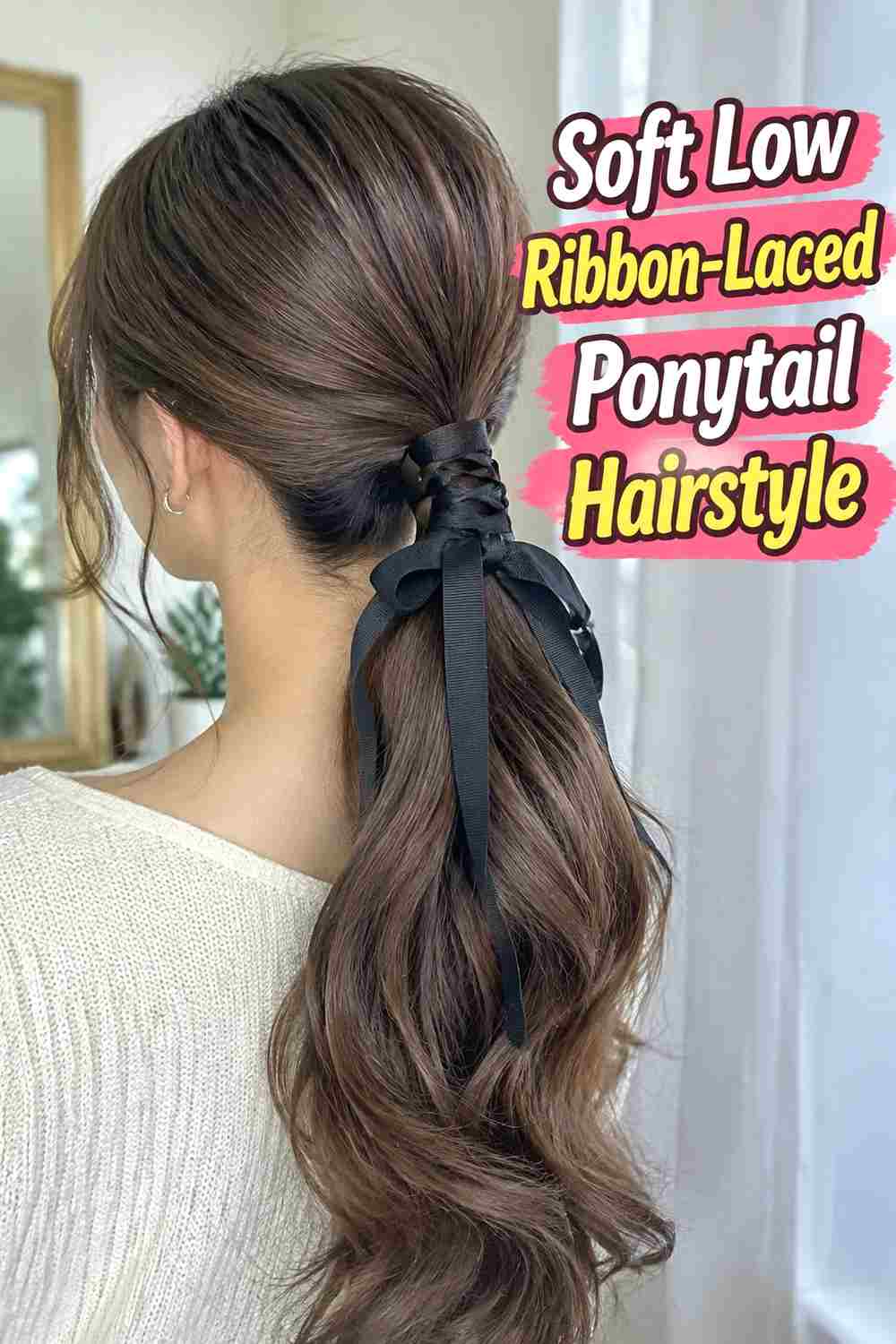 3. Soft Low Ribbon Laced Ponytail Hairstyle
