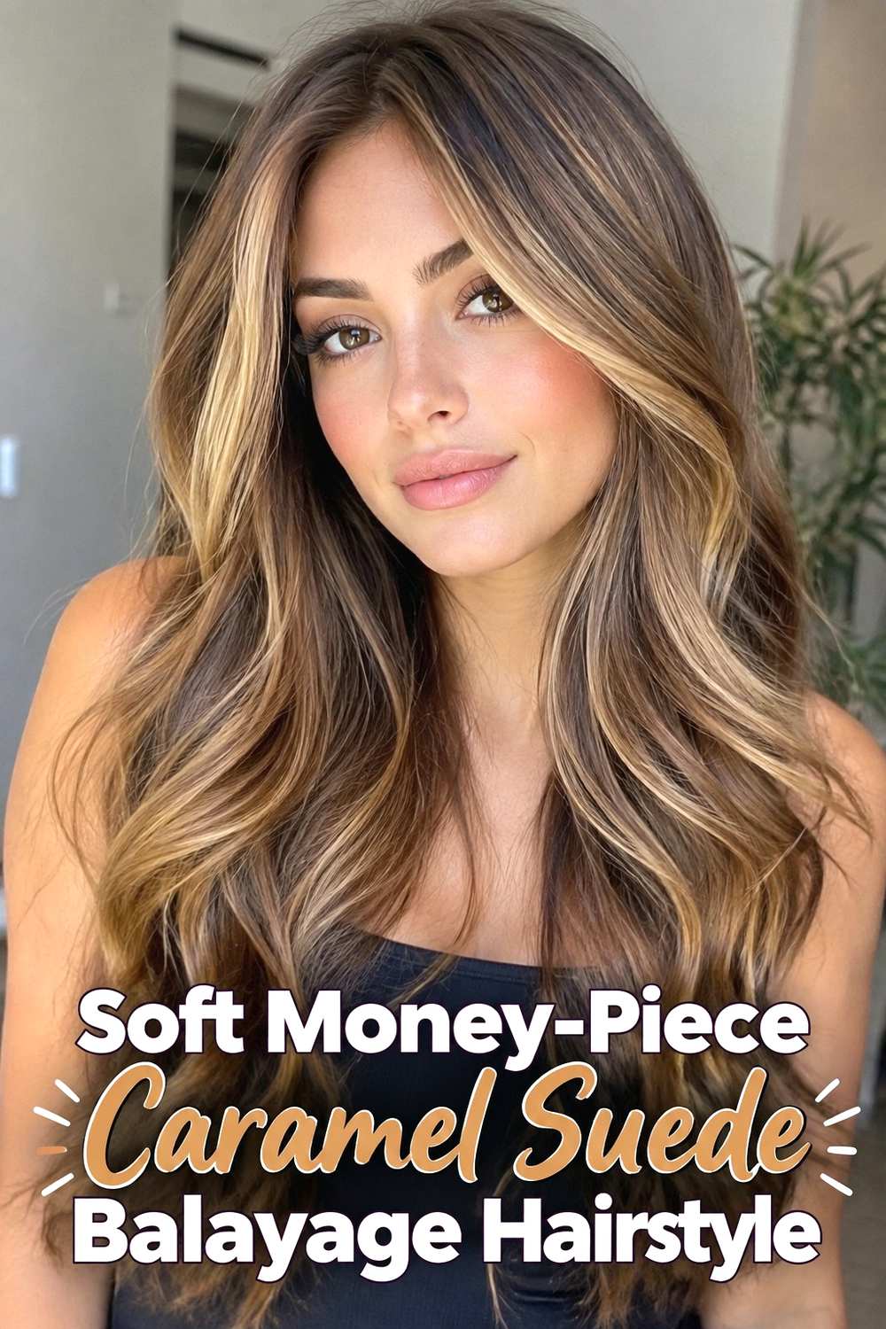 13. Soft Money Piece Caramel Suede Balayage Hairstyle