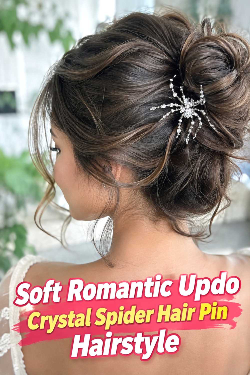 11. Soft Romantic Updo Crystal Spider Hair Pin Hairstyle