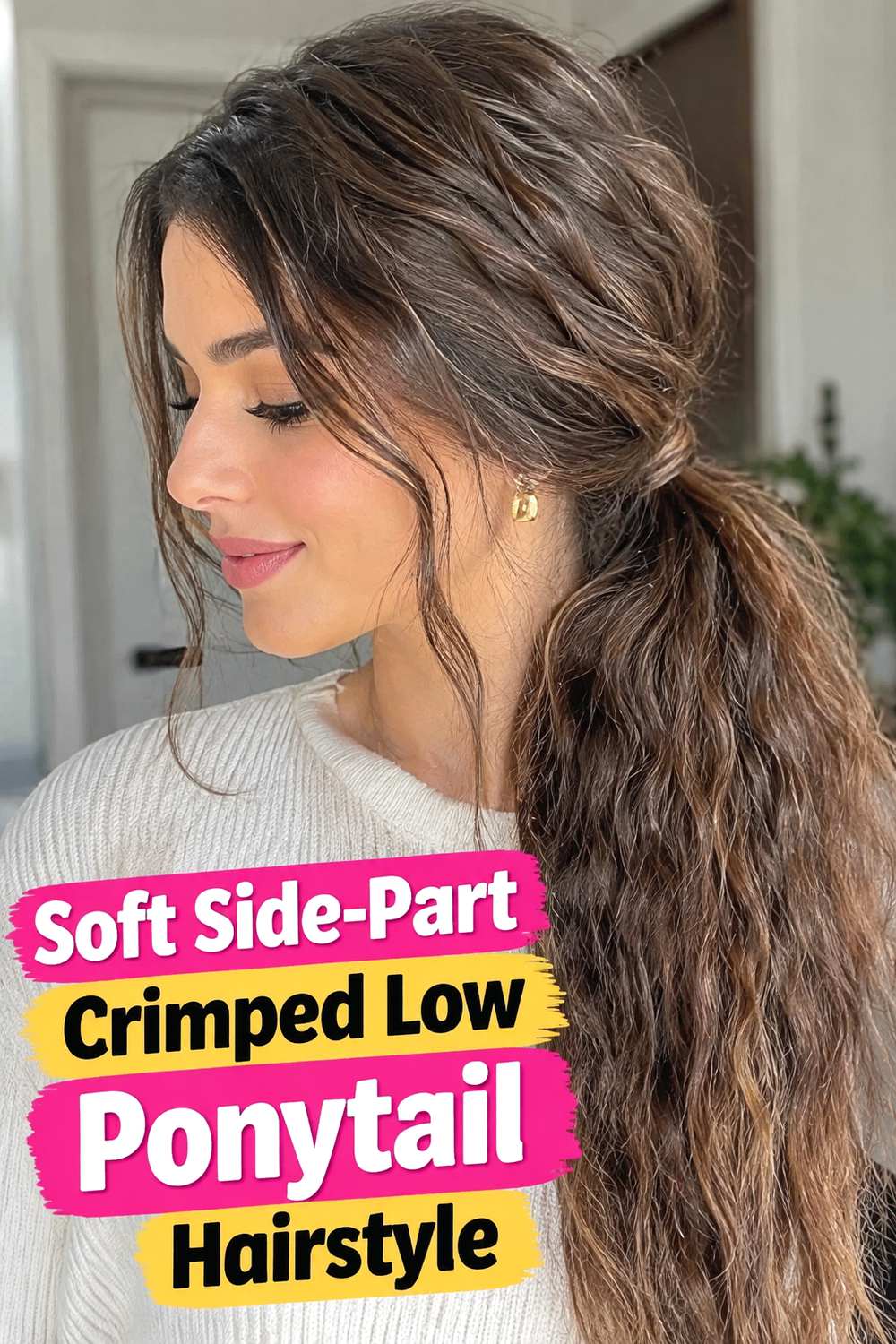 Soft Side-Part Crimped Low Ponytail Hairstyle