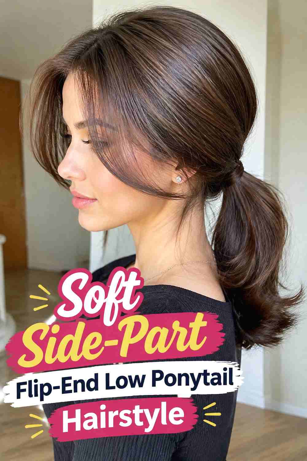 3. Soft Side Part Flip End Low Ponytail Hairstyle