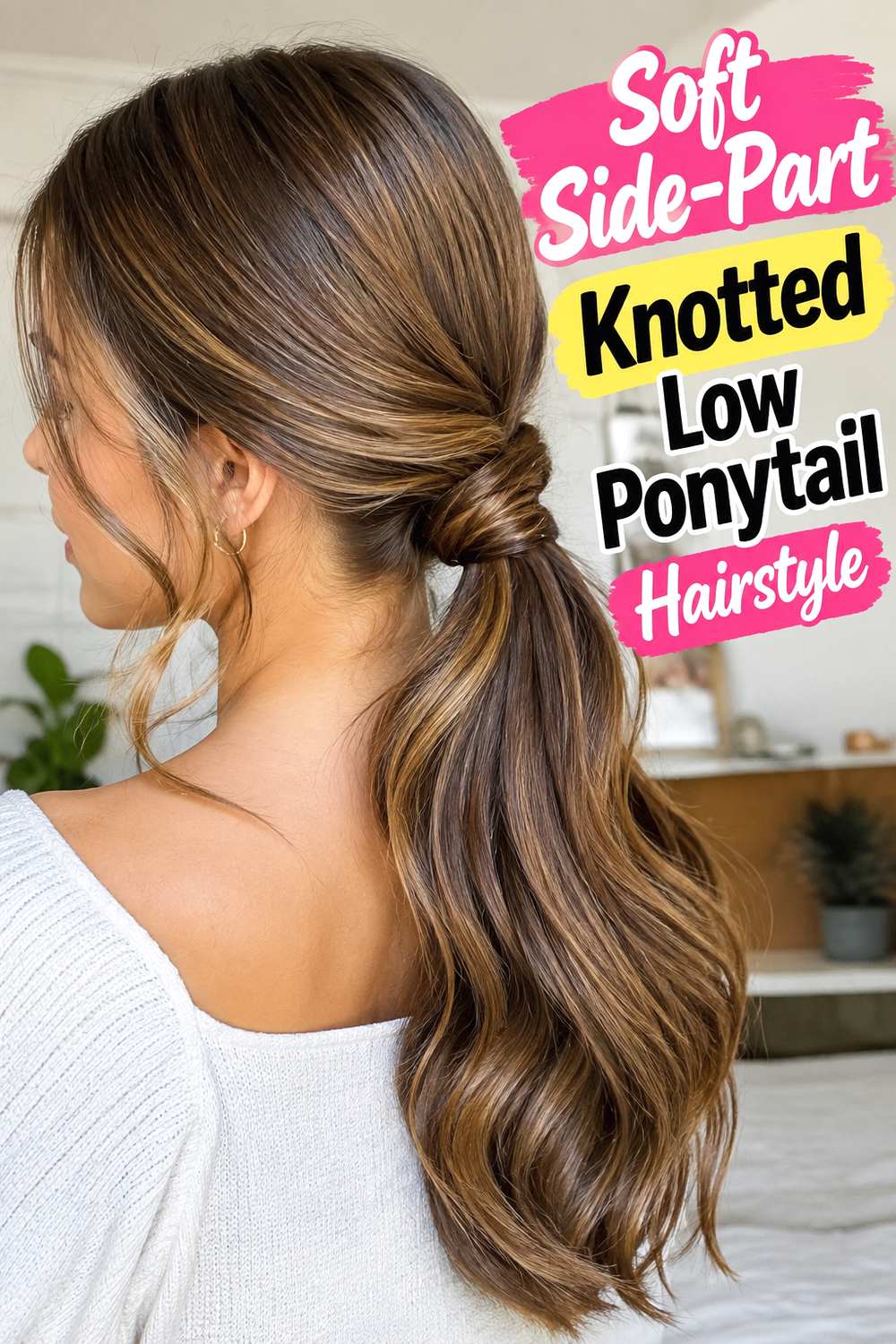 Soft Side-Part Knotted Low Ponytail Hairstyle