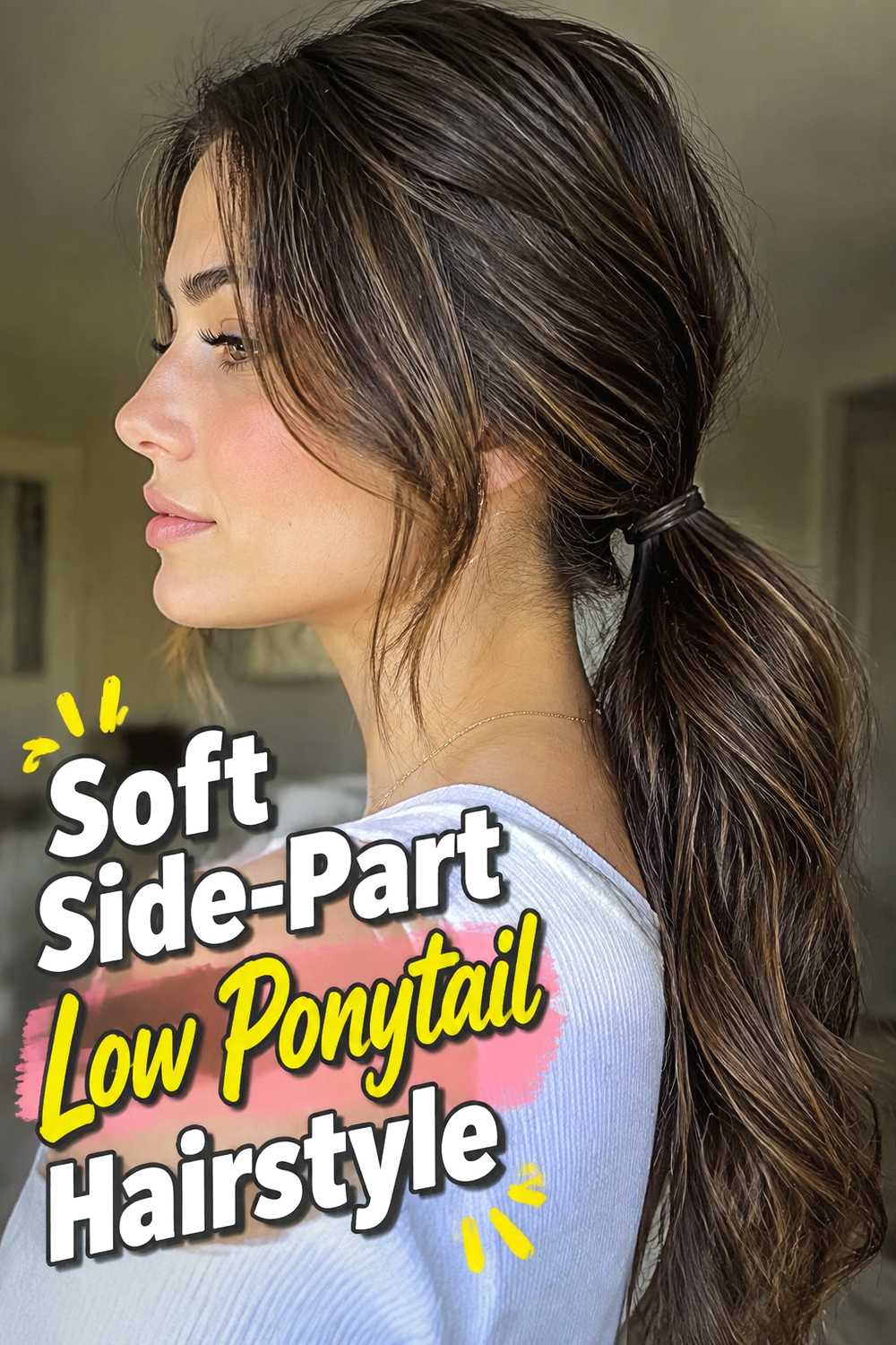 2. Soft Side Part Low Ponytail Hairstyle