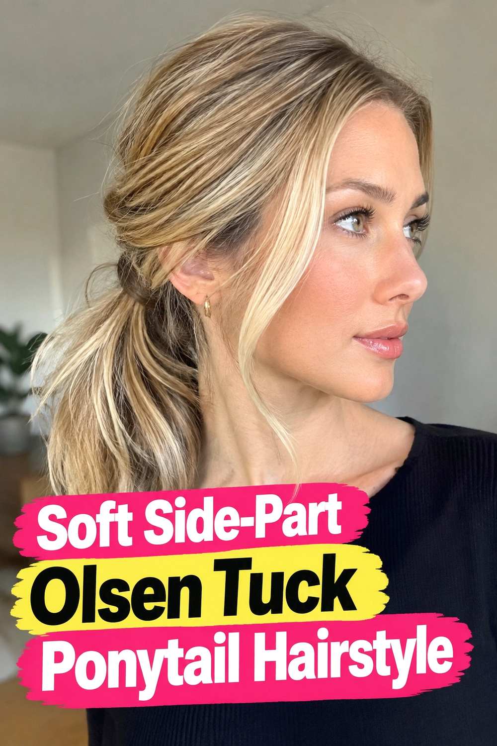 3. Soft Side Part Olsen Tuck Ponytail Hairstyle