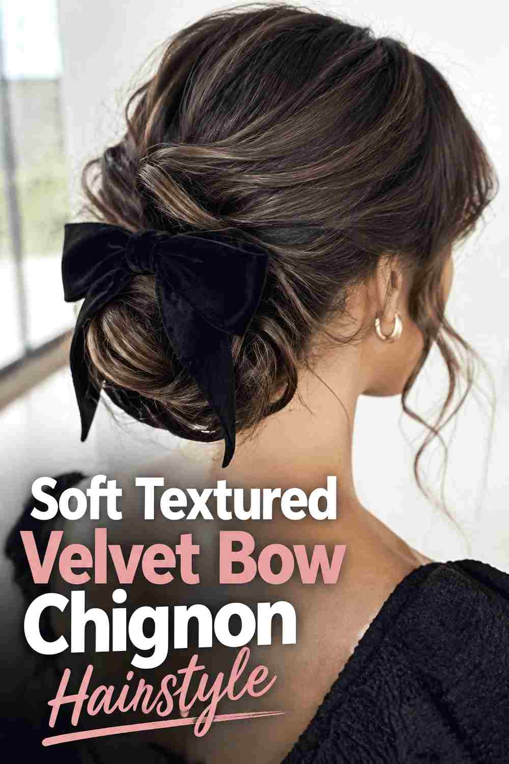 4. Soft Textured Velvet Bow Chignon Hairstyle