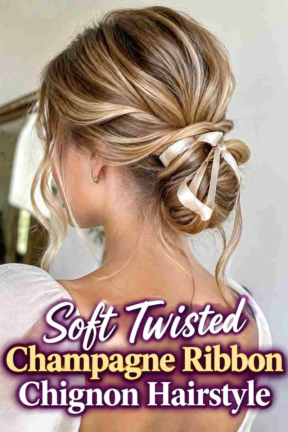 4. Soft Twisted Champagne Ribbon Chignon Hairstyle