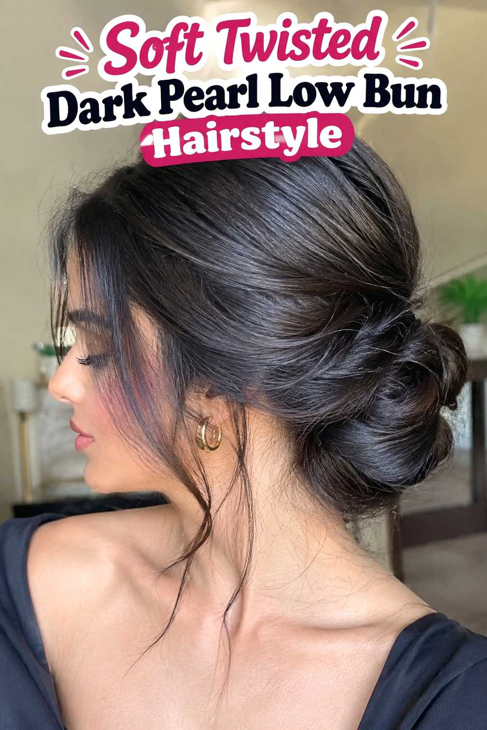 2. Soft Twisted Dark Pearl Low Bun Hairstyle