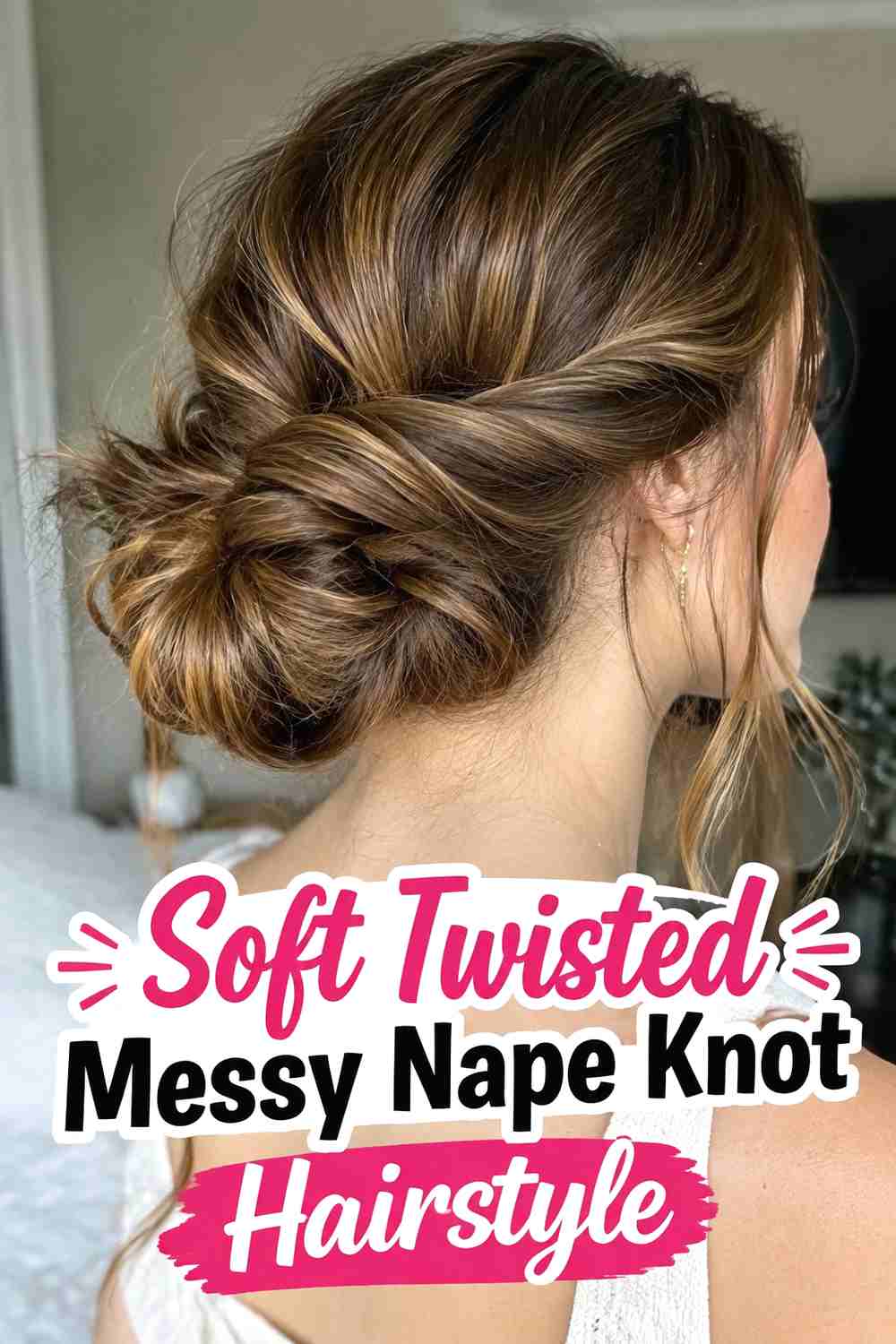 2. Soft Twisted Messy Nape Knot Hairstyle