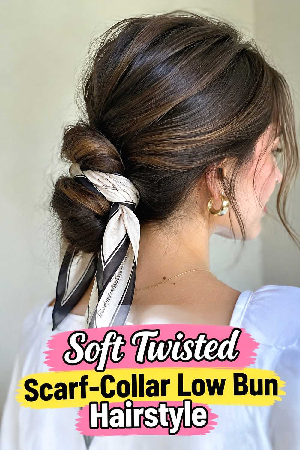 2. Soft Twisted Scarf Collar Low Bun Hairstyle
