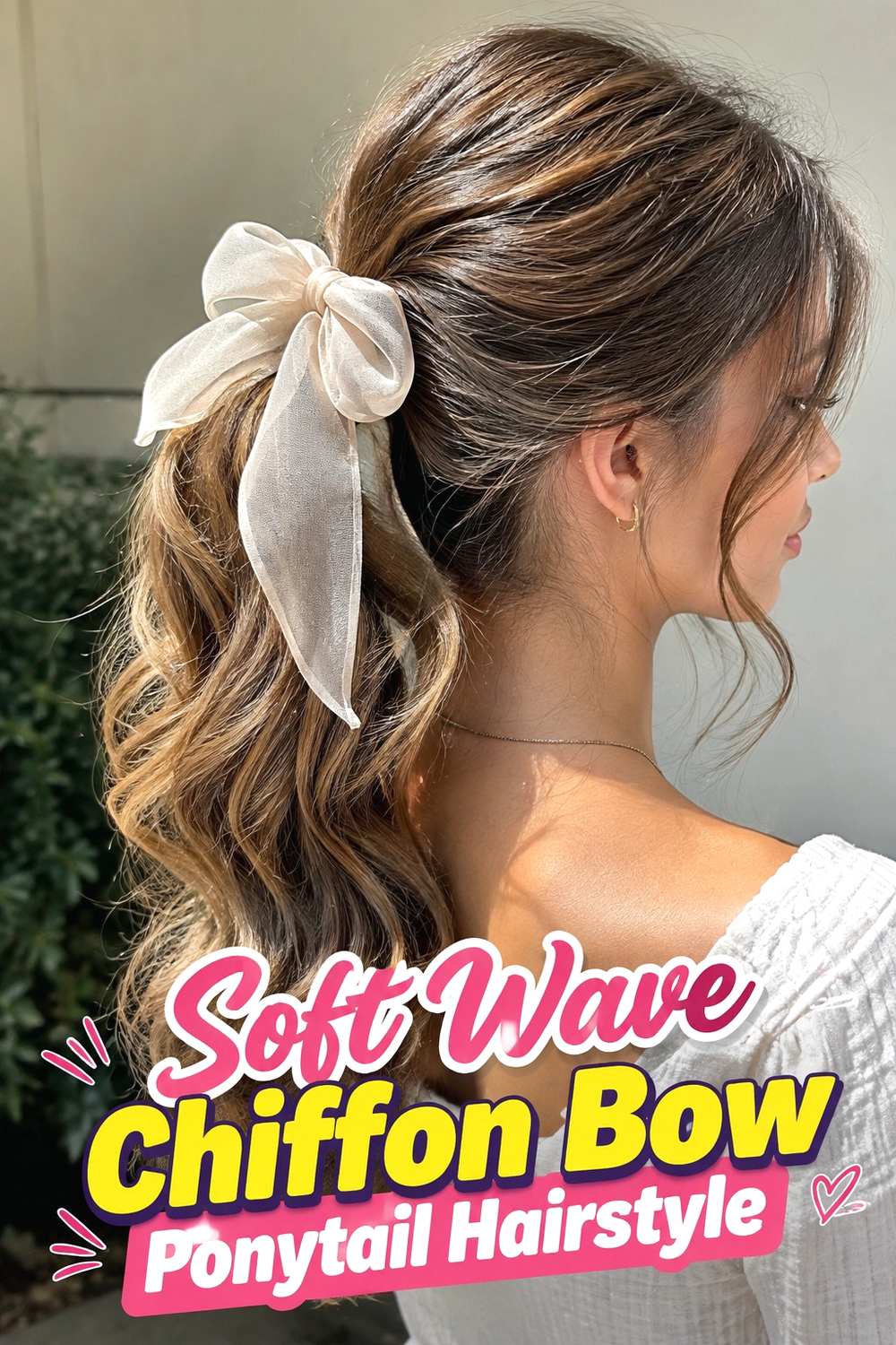 3. Soft Wave Chiffon Bow Ponytail Hairstyle