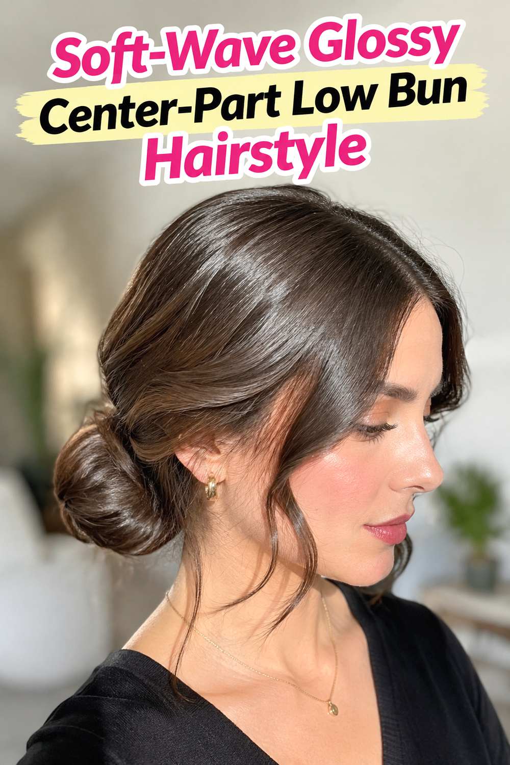 Soft-Wave Glossy Center-Part Low Bun Hairstyle