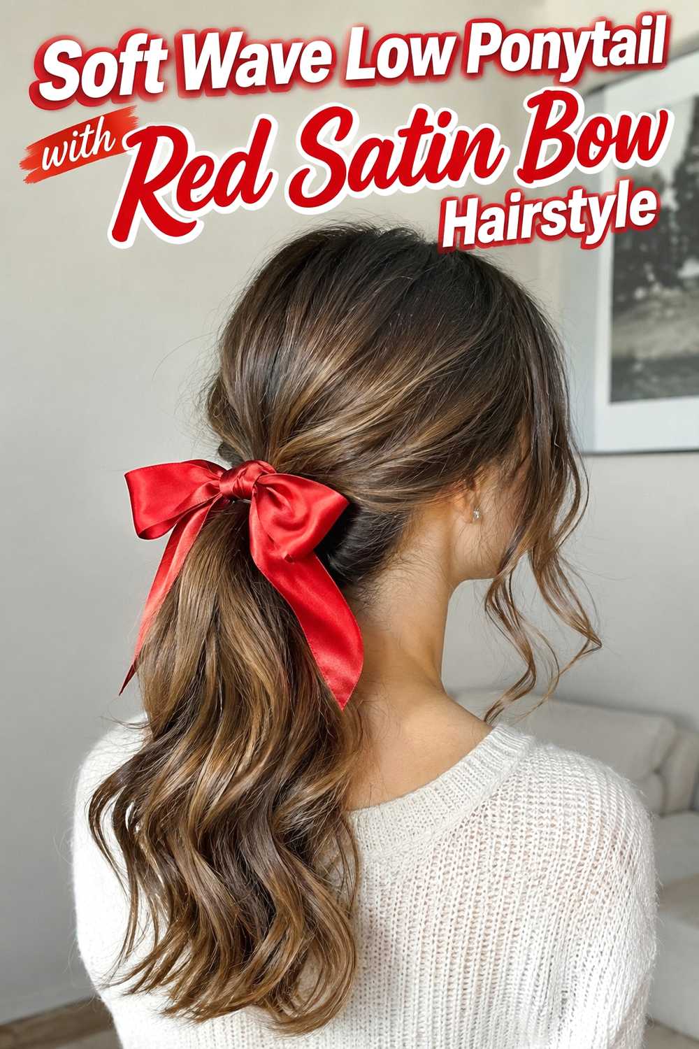 2. Soft Wave Low Ponytail With Red Satin Bow Hairstyle