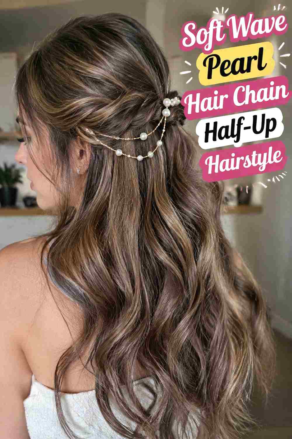 6. Soft Wave Pearl Hair Chain Half Up Hairstyle