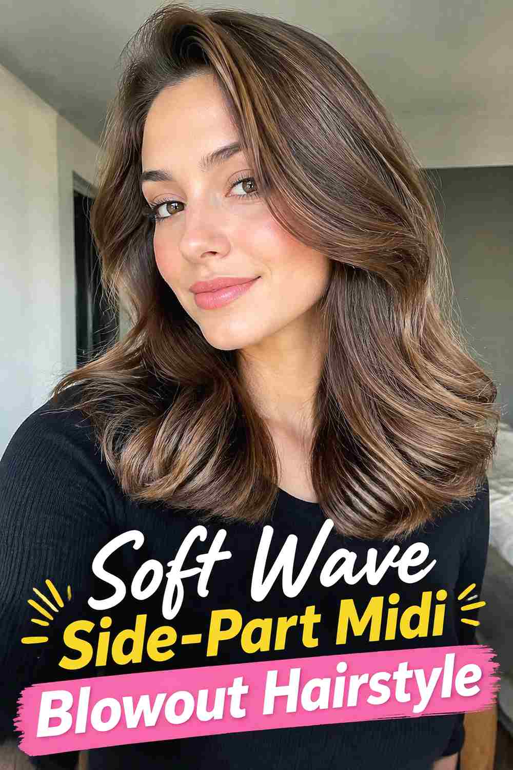10. Soft Wave Side Part Midi Blowout Hairstyle