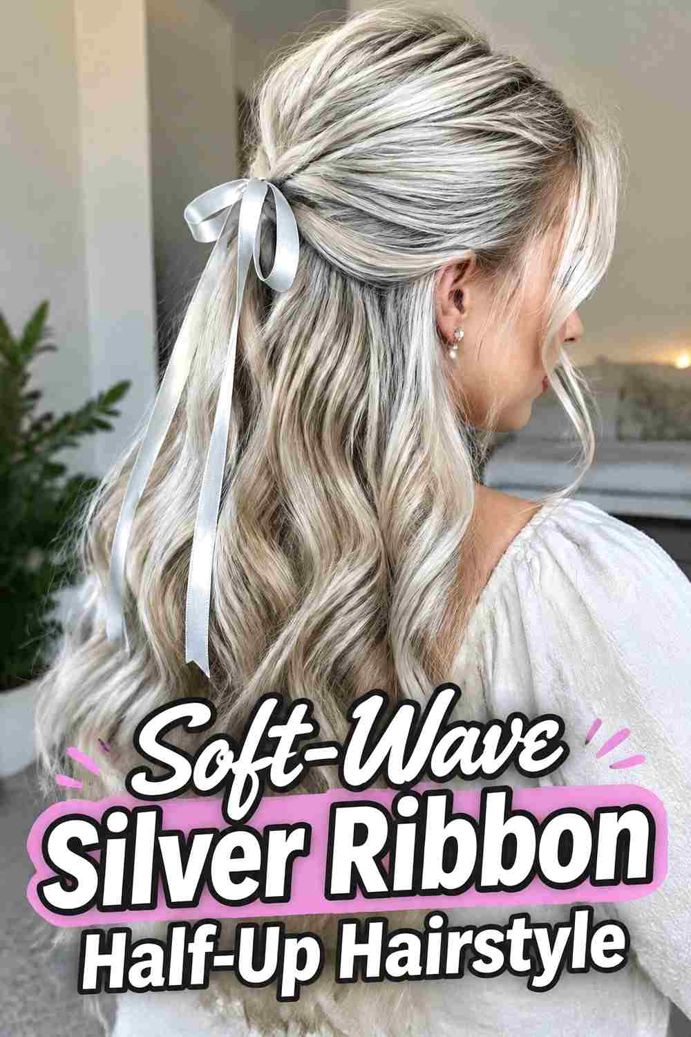 2. Soft Wave Silver Ribbon Half Up Hairstyle