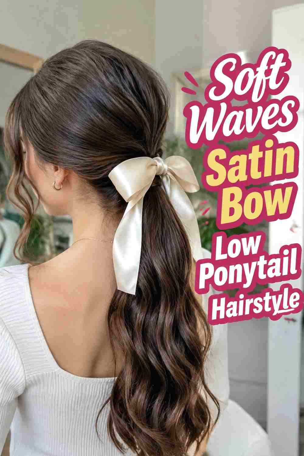 3. Soft Waves Satin Bow Low Ponytail Hairstyle